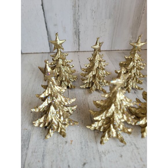 Gold pine tree figure glitter Xmas village forest set unique home decor - Picture 3 of 7